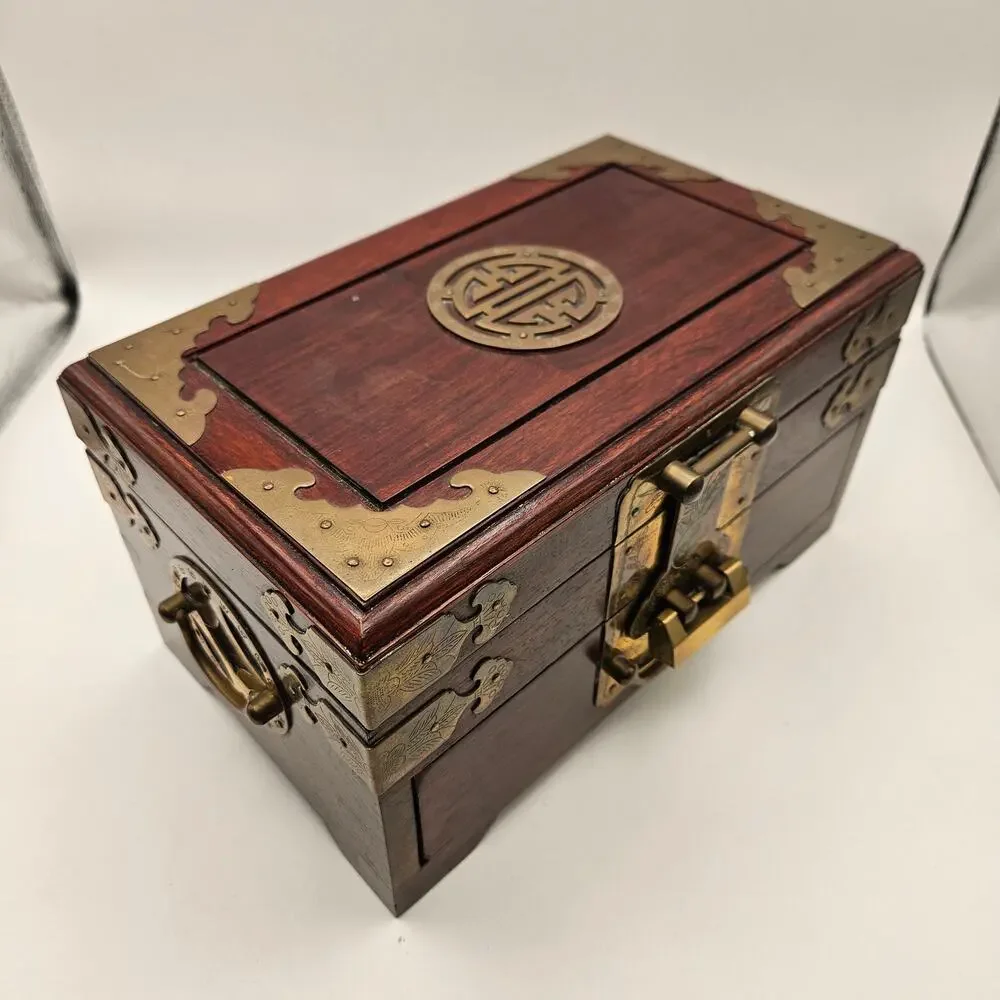CHINESE STYLE WOODEN JEWELRY BOX W KEY BRASS LOCK RED LINED ORGANIZER